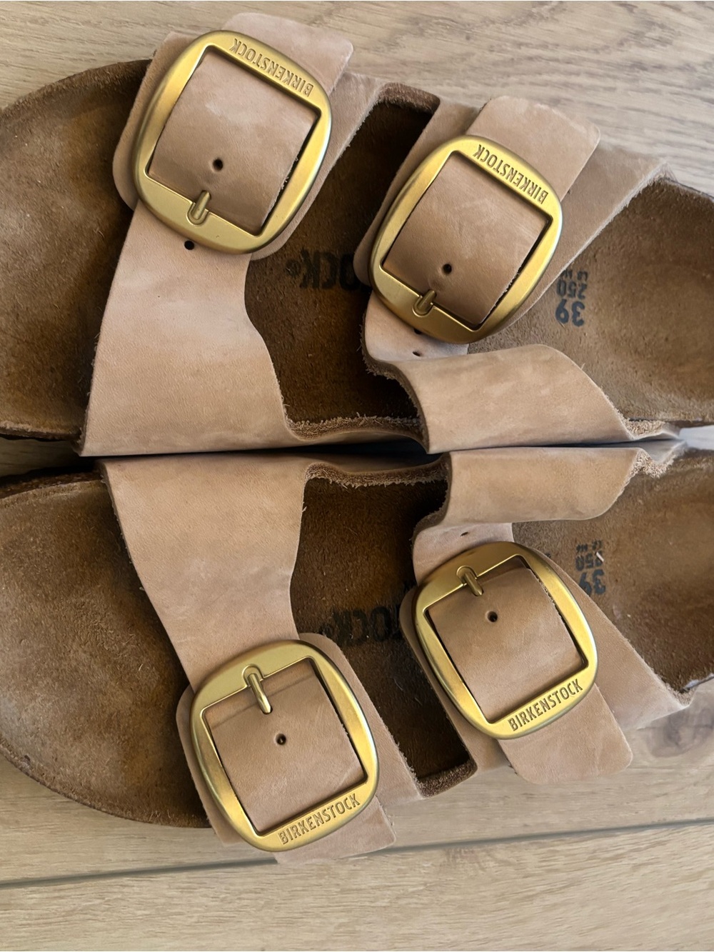 Like Brand New- Birkenstock Arizona Sandals in Tan with Gold Buckles - Picture 2 of 5
